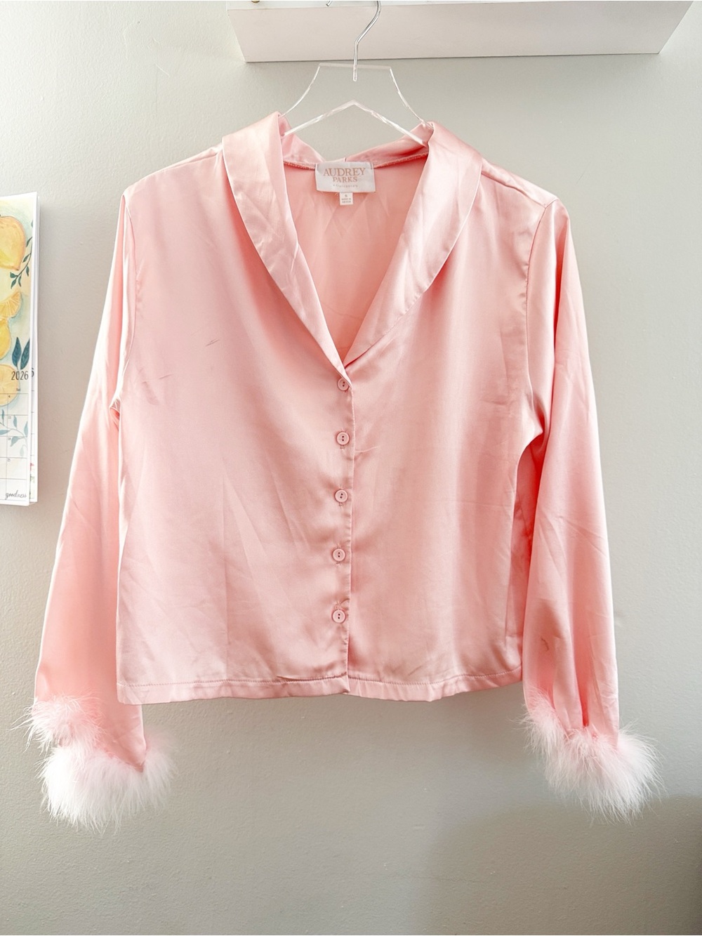 Audrey Parks + francesca’s Pink Feather Cuff Button-Up Top size small silk satin